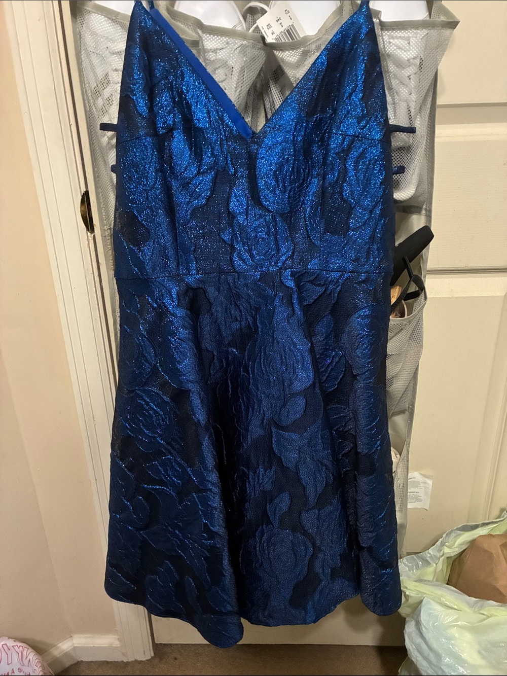 David's Bridal Shimmering Royal Blue Floral Jacquard Midi Dress